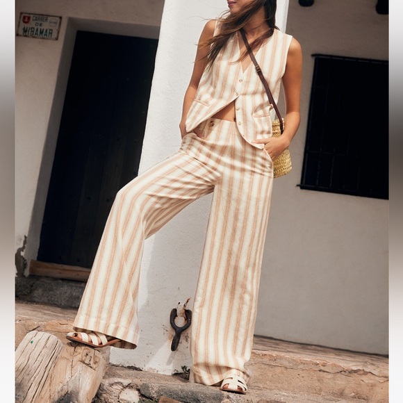 NWT Yerse linen striped wide leg pants high waisted size M trousers - Picture 1 of 16